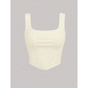 Medium Beige Solid Square Neck Assymetrical Hem Slim Fit Crop Tank Top